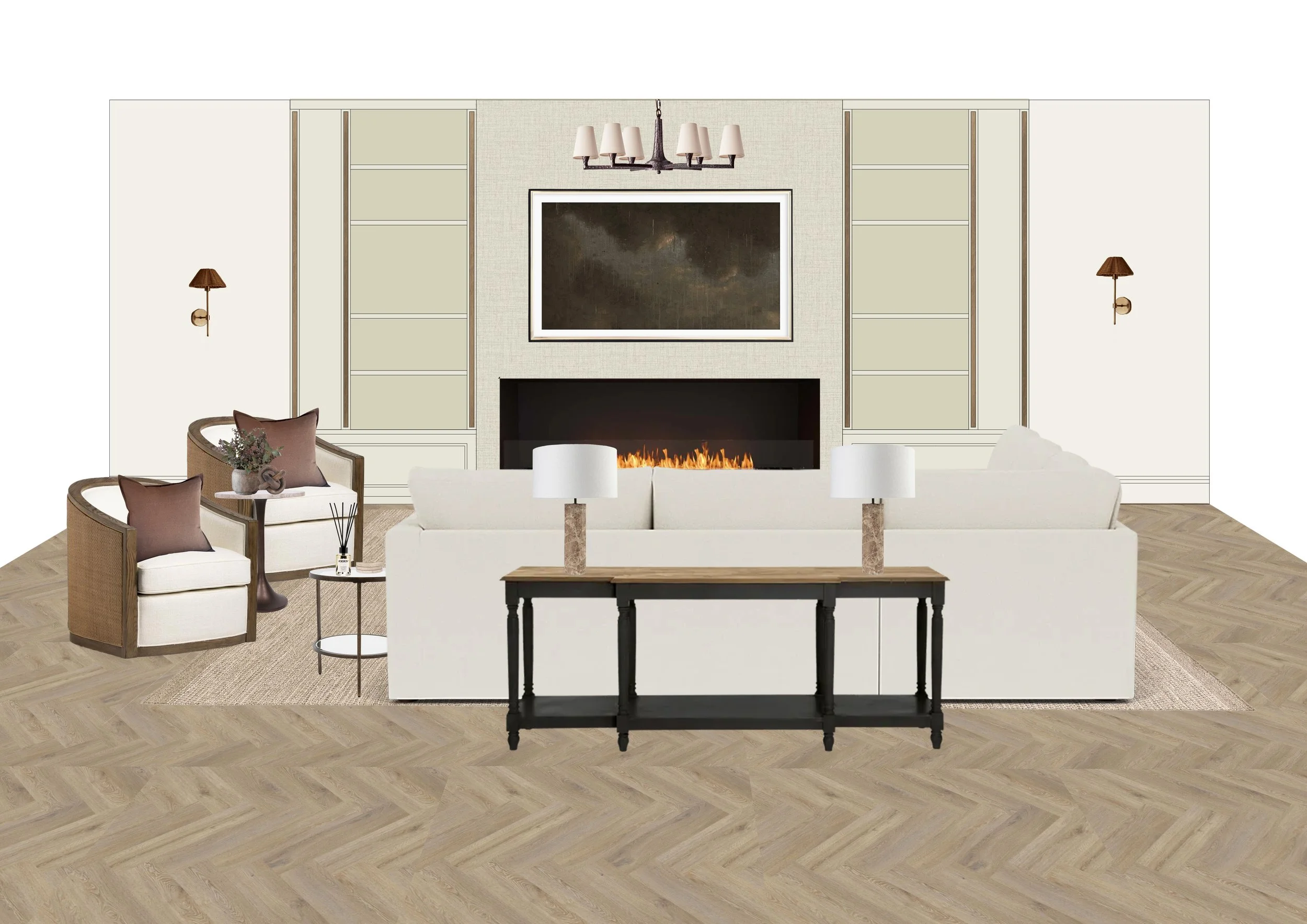 Technical elevation drawing of the bespoke media wall, featuring integrated shelving, concealed storage and a contemporary fireplace surround.