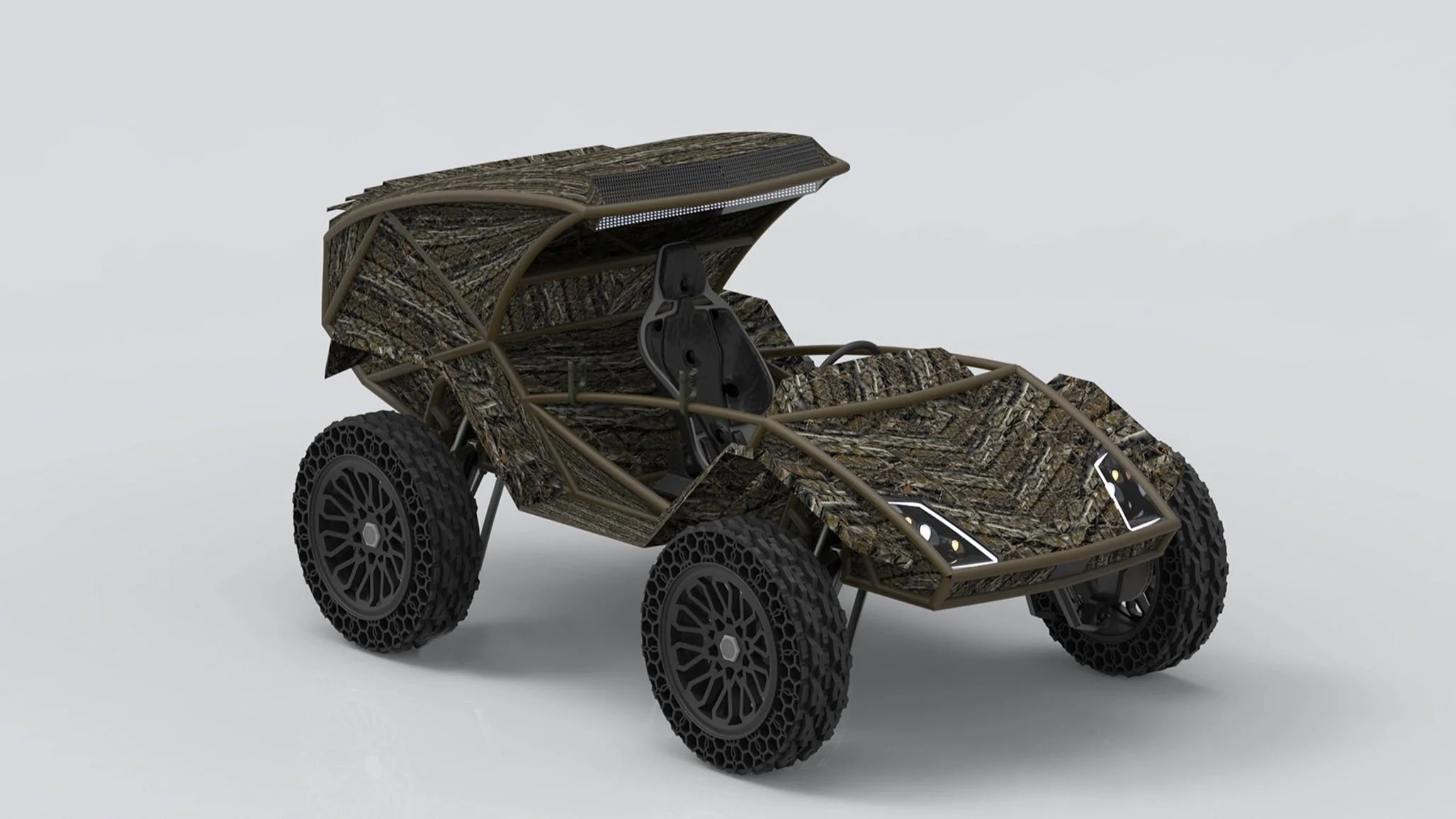Stealthy Outdoor Mobility
The Argon is a compact, 2WD electric side-by-side vehicle designed for hunters and outdoor enthusiasts. The vehicle features a rugged exterior with integrated camouflage, ensuring it blends seamlessly into natural environmen