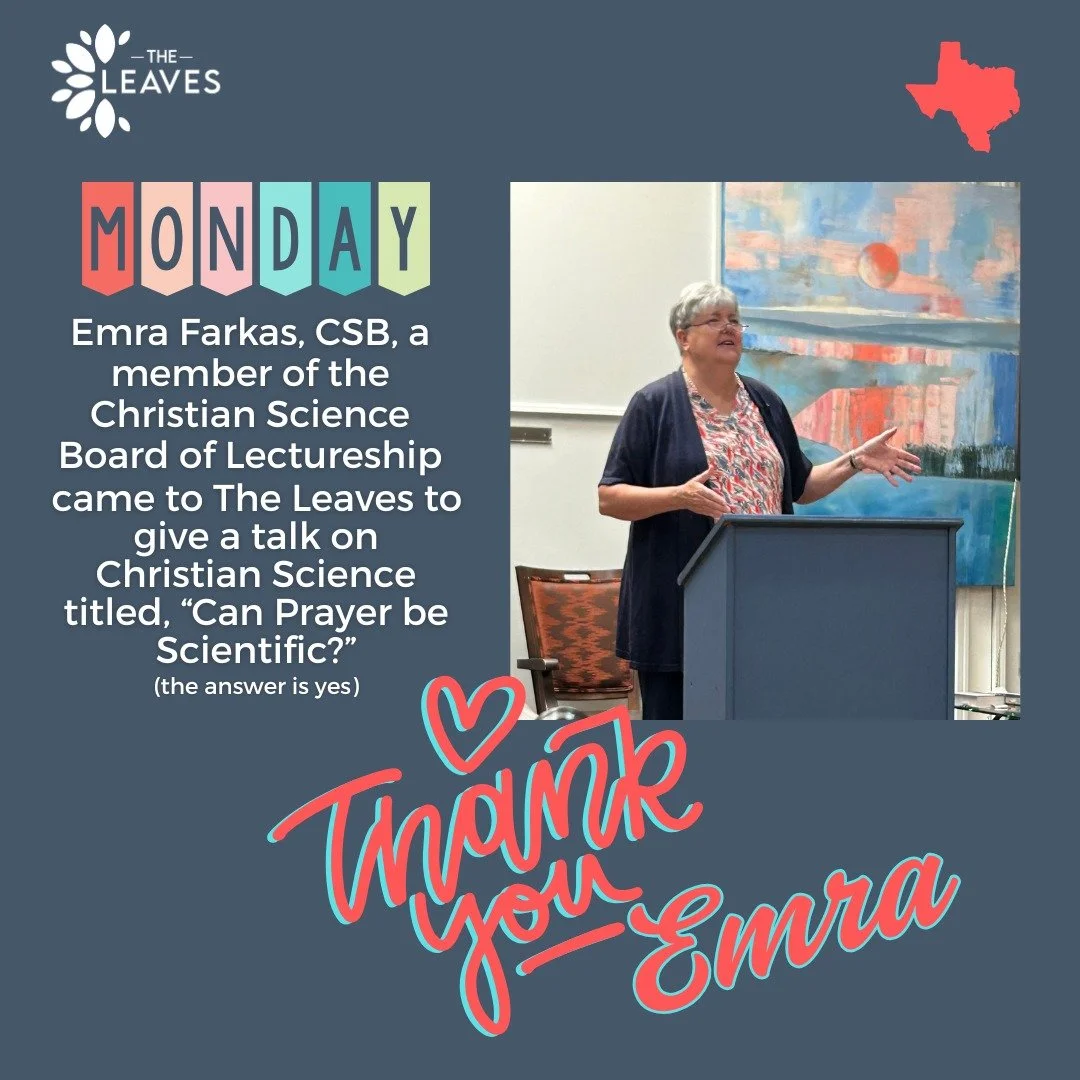 🙏Emra Farkas, CSB, a member of the Christian Science Board of Lectureship came to The Leaves on Monday to give a talk to our patients and staff titled, &quot;Can Prayer be Scientific?&quot; (Yes, it can!)
🥘After a delicious lunch, our patients, res