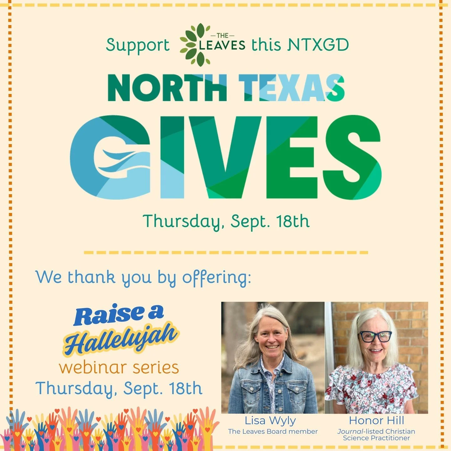 When North Texas Giving Day arrives on Thursday, Sept. 18th, we hope you will do two things:
1. Donate to support the amazing healing work at The Leaves. 💚💸 Link in bio.
2. Accept our thanks by watching the first webinar of our &quot;Raise a Hallel