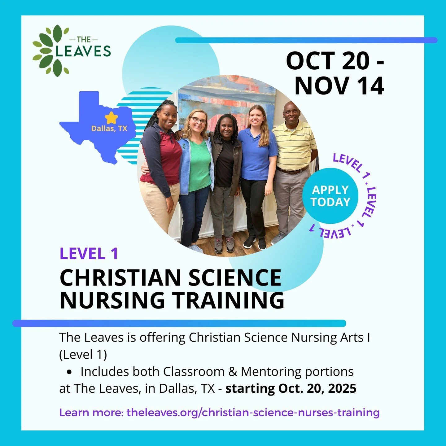 ✝👑 The Leaves is offering Level 1 Training (Christian Science Nursing Arts I) at our facility in Dallas, TX, from Oct 20th - Nov 14th 2025. 
📤 Please send this to someone who might be interested.
🔗Click the link in bio to learn more and apply.
.
#
