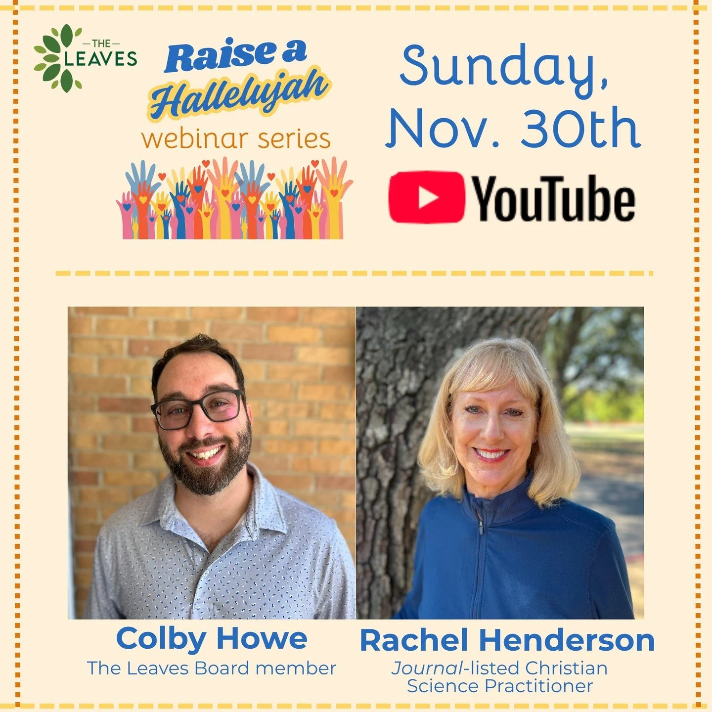 🙋Who's ready for Webinar #3 in our Raise a Hallelujah series! 
💚 The Leaves&rsquo; Board member, Colby Howe shares how he was protected during a motorcycle accident, and Journal-listed Christian Science Practitioner Rachel Henderson shares her insi