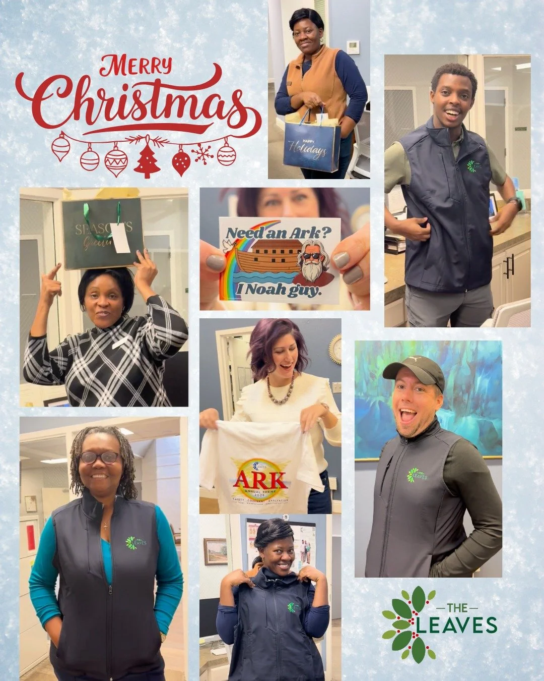 🎄🎁 We're in the Christmas spirit - giving gifts to let each staff member know that they are loved and valued. Each employee got an embroidered Leaves vest, an &quot;Ark&quot; t-shirt (the metaphysical theme for next year) and a coordinating punny s