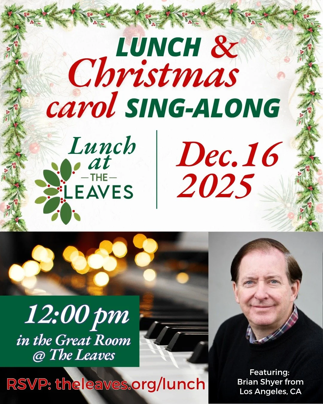 🎬 YOU'RE INVITED to a free lunch, carol sing-along, and documentary about the writers of classic Christmas carols by Los Angeles based composer &amp; musician Brian Shyer.
💚Join with us for food, fellowship, and fun!
📅 Tuesday Dec. 16th, 2025
🥗 L