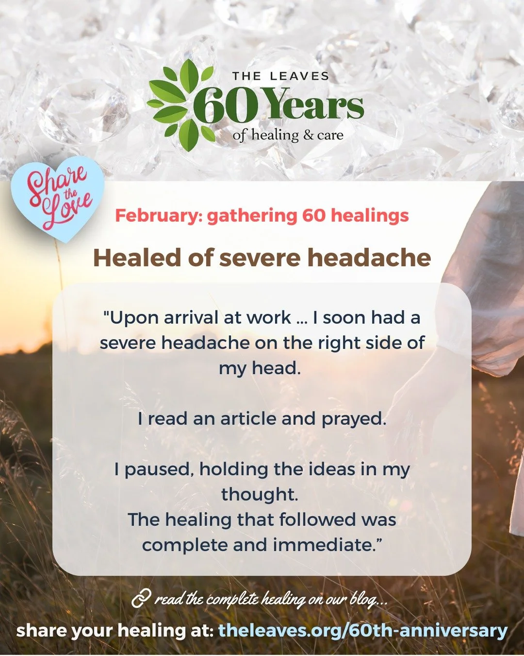 🌿 Read this inspiring testimony by a Leaves staff member who was healed of a severe headache while at work.
🔗 Click the link in bio to read it now.
💡 Have a healing you want to share? 💕Share the love by visiting https://www.theleaves.org/60th-ann