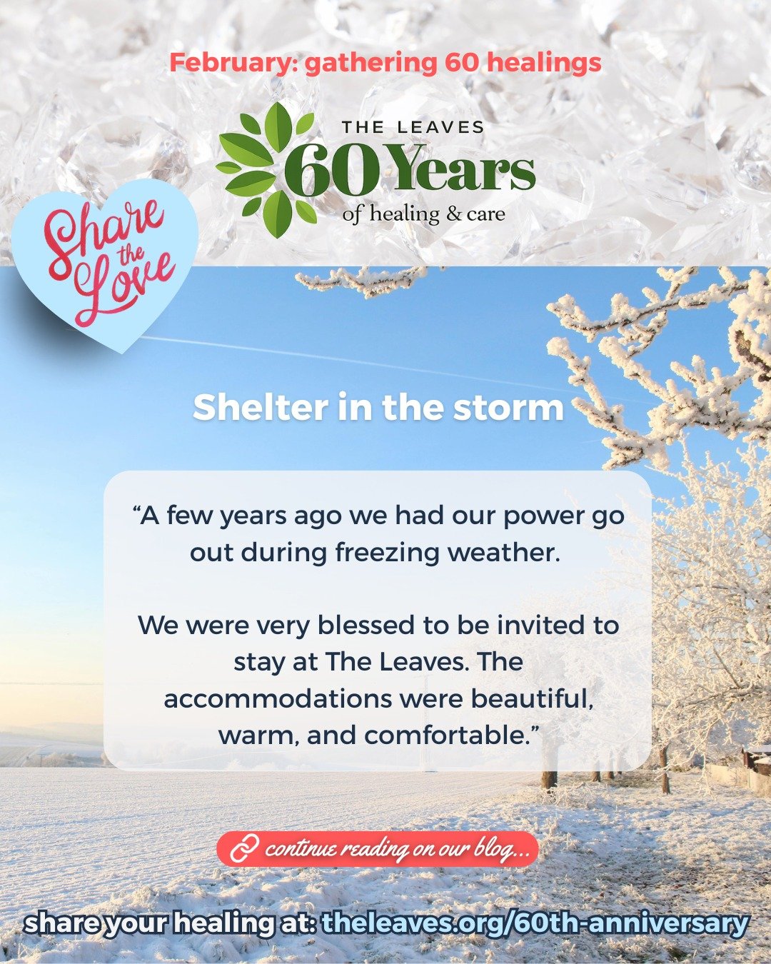❄️ Hear from a guest who took shelter at The Leaves during a freeze.
🔗 Click the link in bio to read it now.
💡 Have a healing you want to share? 💕Share the love by visiting https://www.theleaves.org/60th-anniversary where you can click to submit y