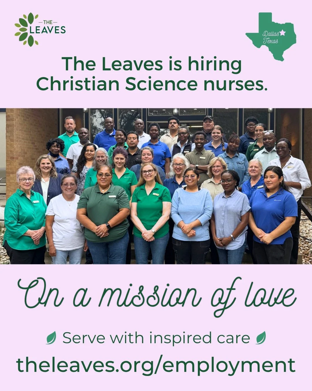 💗Join a team on a mission. On a mission of love.
.
🔗 Link in bio or visit: https://www.theleaves.org/employment
.
#theleavescsn #ChristianScienceNurse #CSNursing  #CSN #HealingWithCompassion #SpiritualNursingCare #ChristianService #ChristlikeCare #