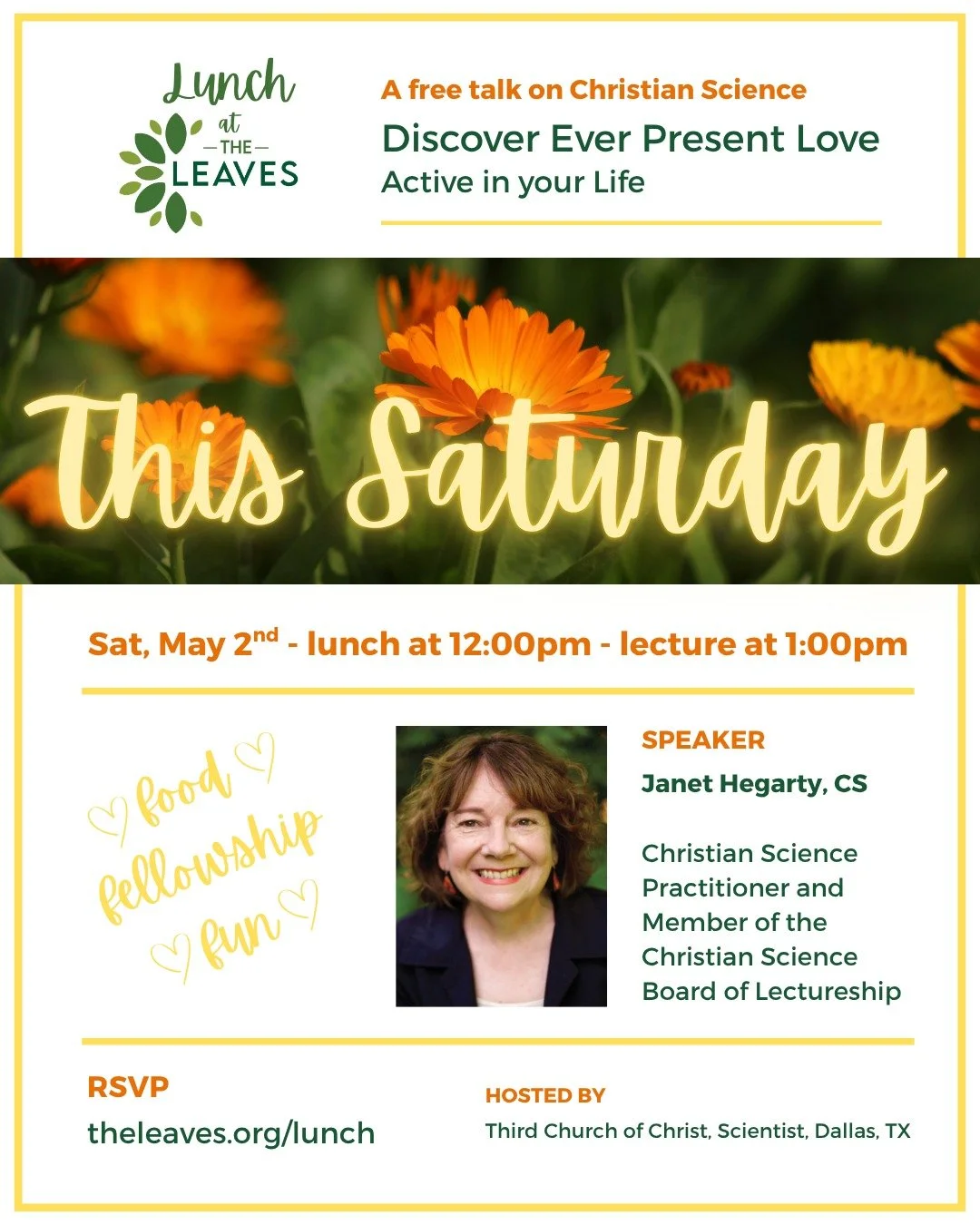 TOMORROW you're invited for another Lunch at The Leaves! 
📆 Saturday May 2nd
🌮 Lunch at 12:00 noon
💡Lecture at 1:00pm
Join us for a free talk on Christian Science by Janet Hegarty, CS, Christian Science Practitioner and Member of the Christian Sci