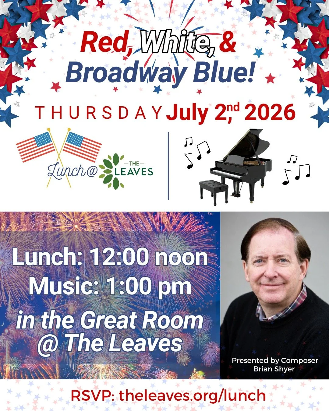 🇺🇲🎇 Join us for an unforgettable musical patriotic presentation including video, remarks from Brian Shyer, and a sing along! 🎶
🎹 Presented by Composer Brian Shyer at the piano and a special video tribute to America&rsquo;s 250th!🎂
📅 Date: Thur