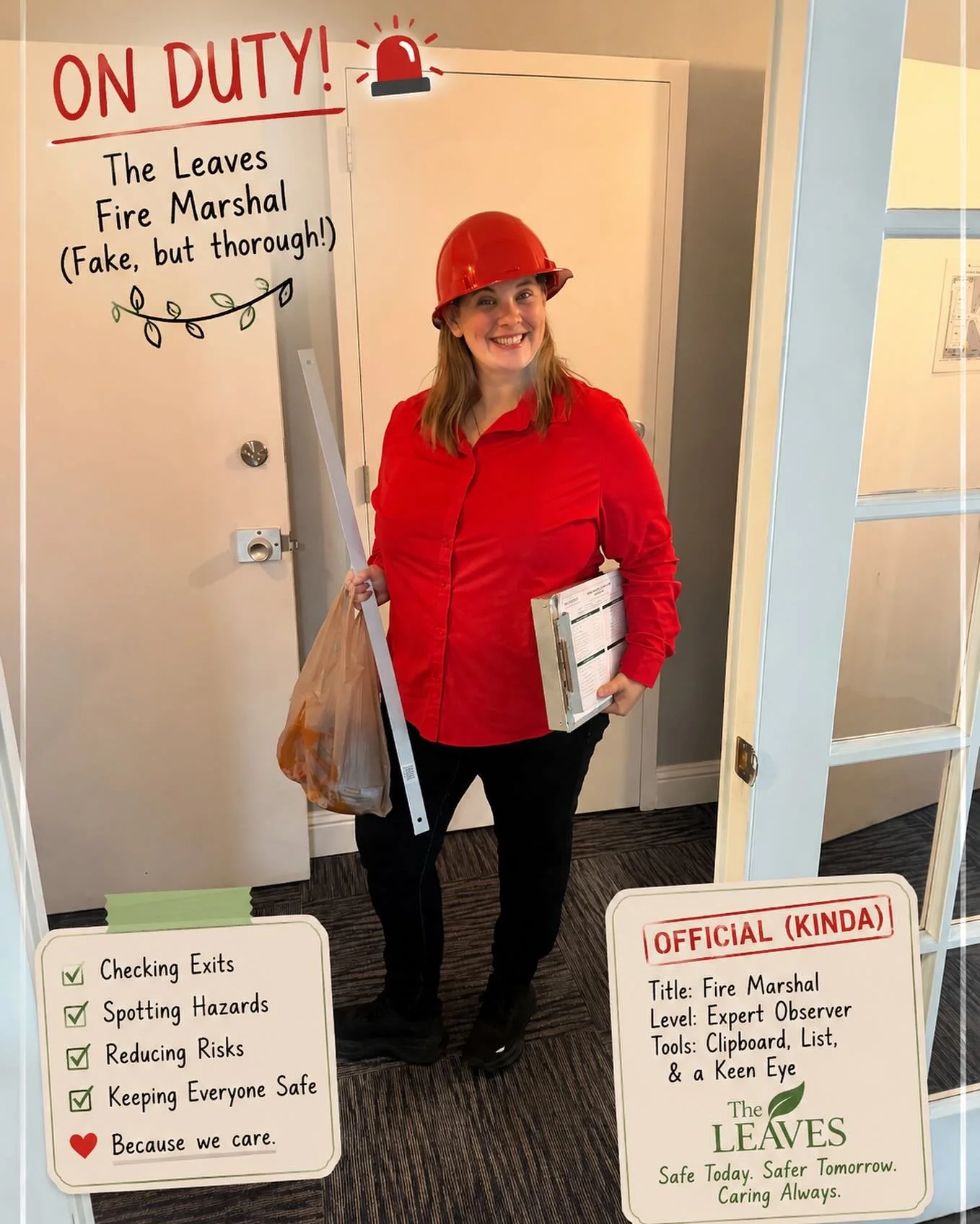 🚨🔥🧯 Safety is important to us. So our Executive Director Jennifer came in as an Unofficial Fire Marshal and did a surprise inspection! 📋🧐 Fake, but thorough! 😆 Just keeping everyone on their toes.
.
.
#firemarshal #surprise #inspection #firesaf