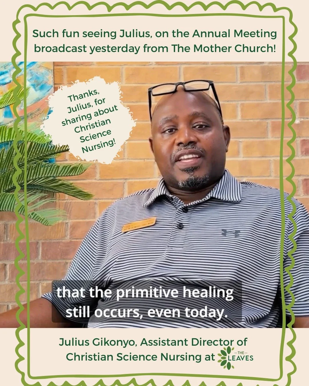 👋 When your co-worker shows up on Annual Meeting! Our Assistant Director of Christian Science Nursing, Julius Gikonyo, was featured on the Annual Meeting broadcast yesterday from The Mother Church (The First Church of Christ, Scientist, in Boston, M