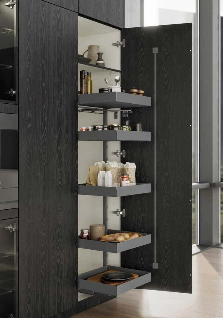 Open kitchen pantry cabinet with multiple shelves containing jars, bottles, paper bags, and plates.
