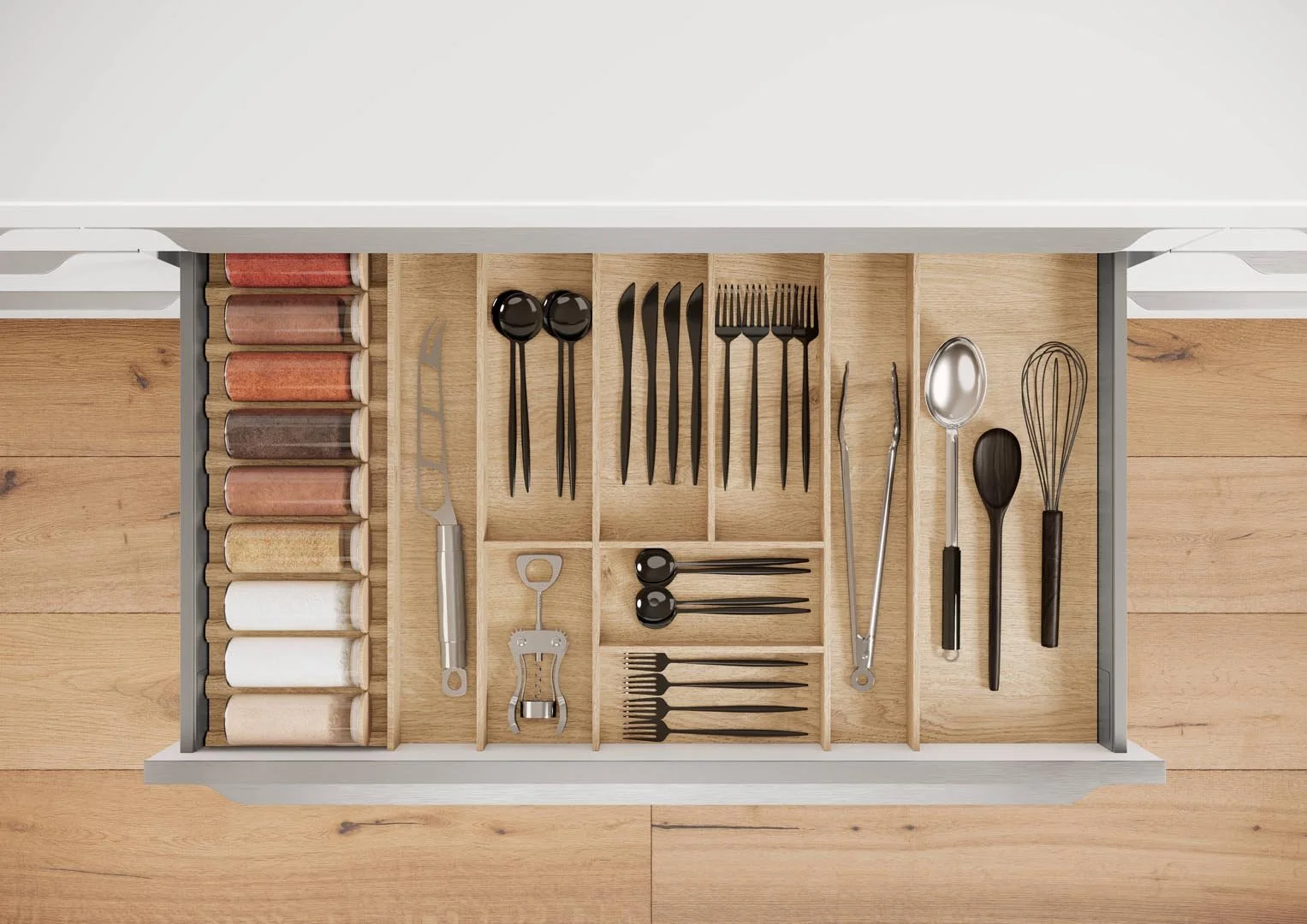 Open kitchen drawer with organized utensils and spices, including spoons, forks, chopsticks, a pizza cutter, a bottle opener, a can opener, a corkscrew, spatulas, tongs, a whisk, and spice containers.