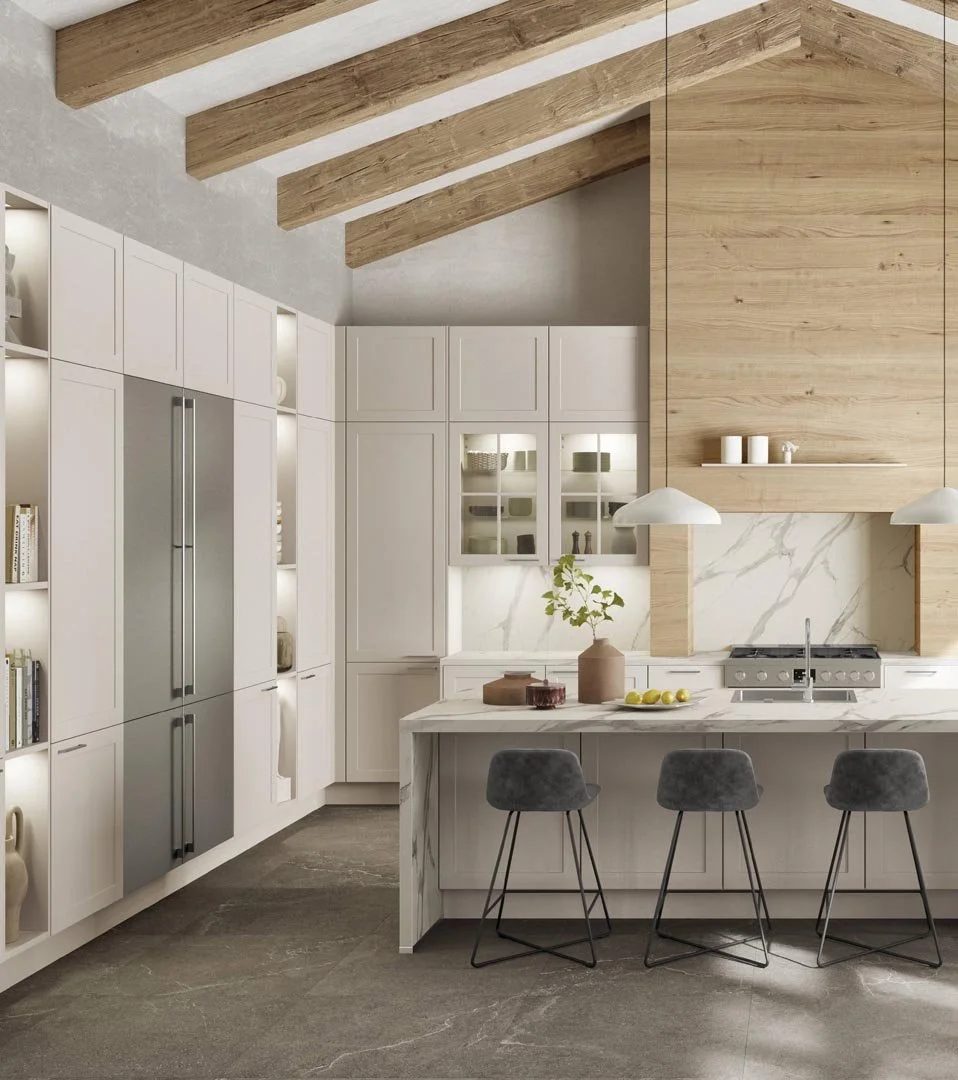 Modern kitchen with white cabinets, marble backsplash, wooden accents, and a kitchen island with three gray chairs.