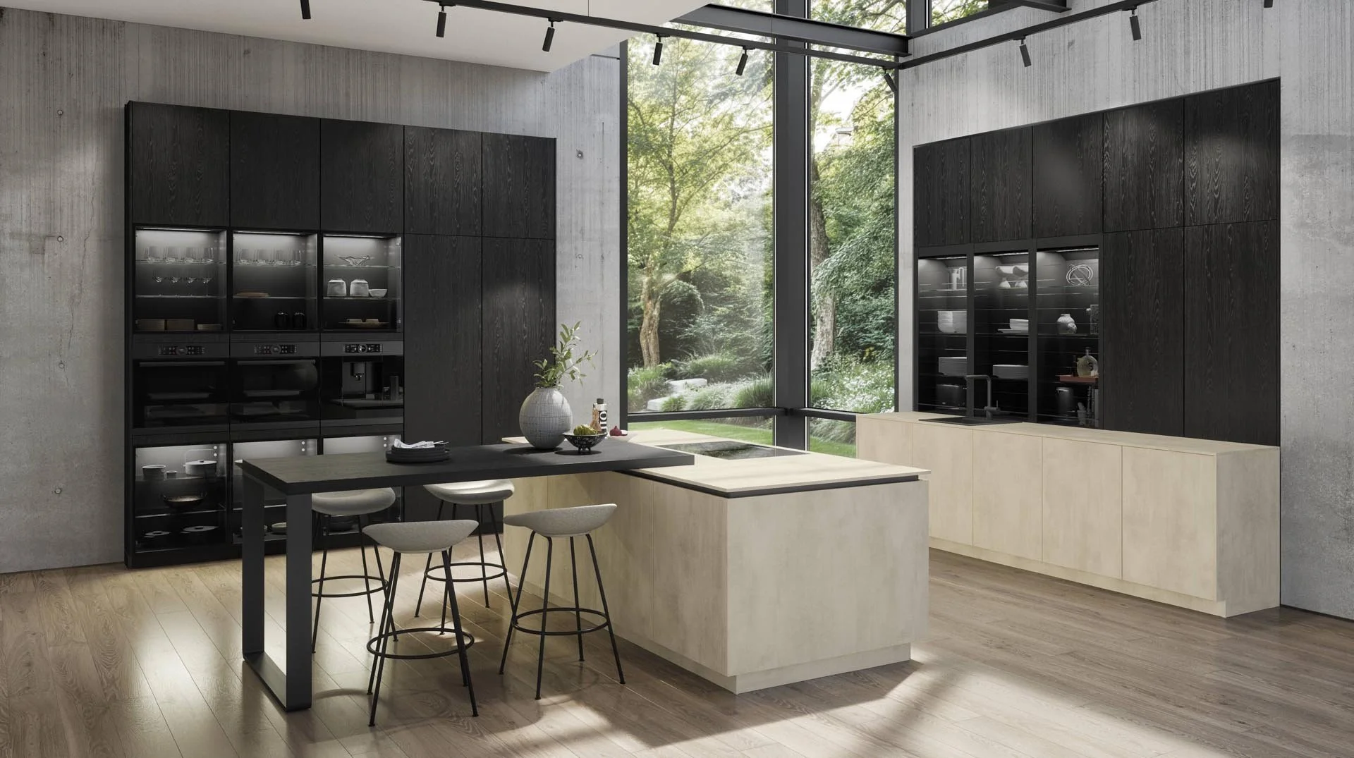 Modern kitchen with large window overlooking lush green outdoor garden, featuring black and beige cabinetry, a black dining table with four chairs, and minimalistic decor.