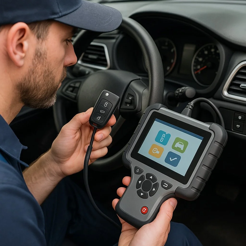 Auto locksmith programming a car key with specialized equipment