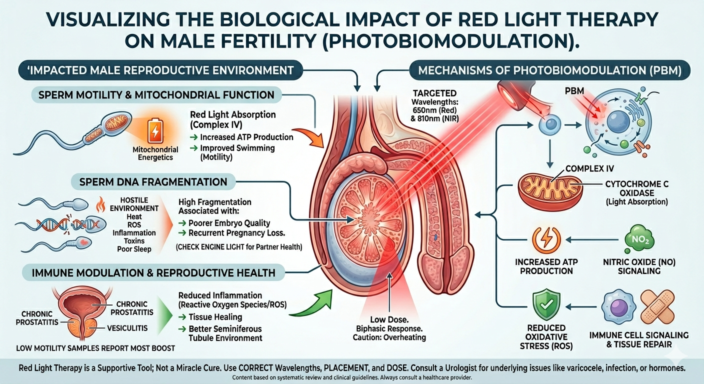 Fertility Health magazine cover style thumbnail asking Is Red Light Therapy Safe for Sperm