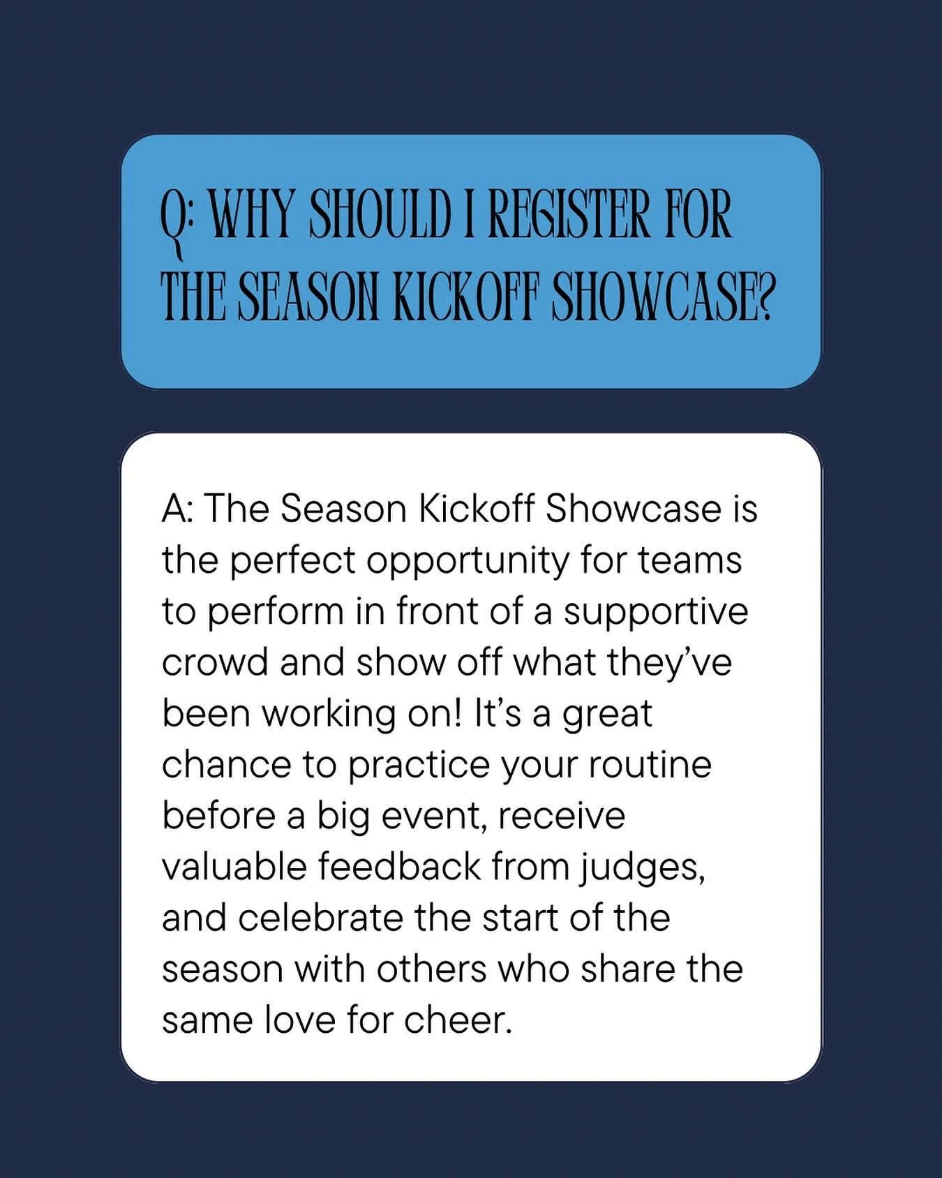 🎉 Why should your team sign up for the Season Kickoff Showcase? 🎉
✨ It&rsquo;s a FUN and supportive environment to perform in front of a crowd that loves cheer just as much as you do!
💪 The perfect practice run before your big competitions.
🧠 Get