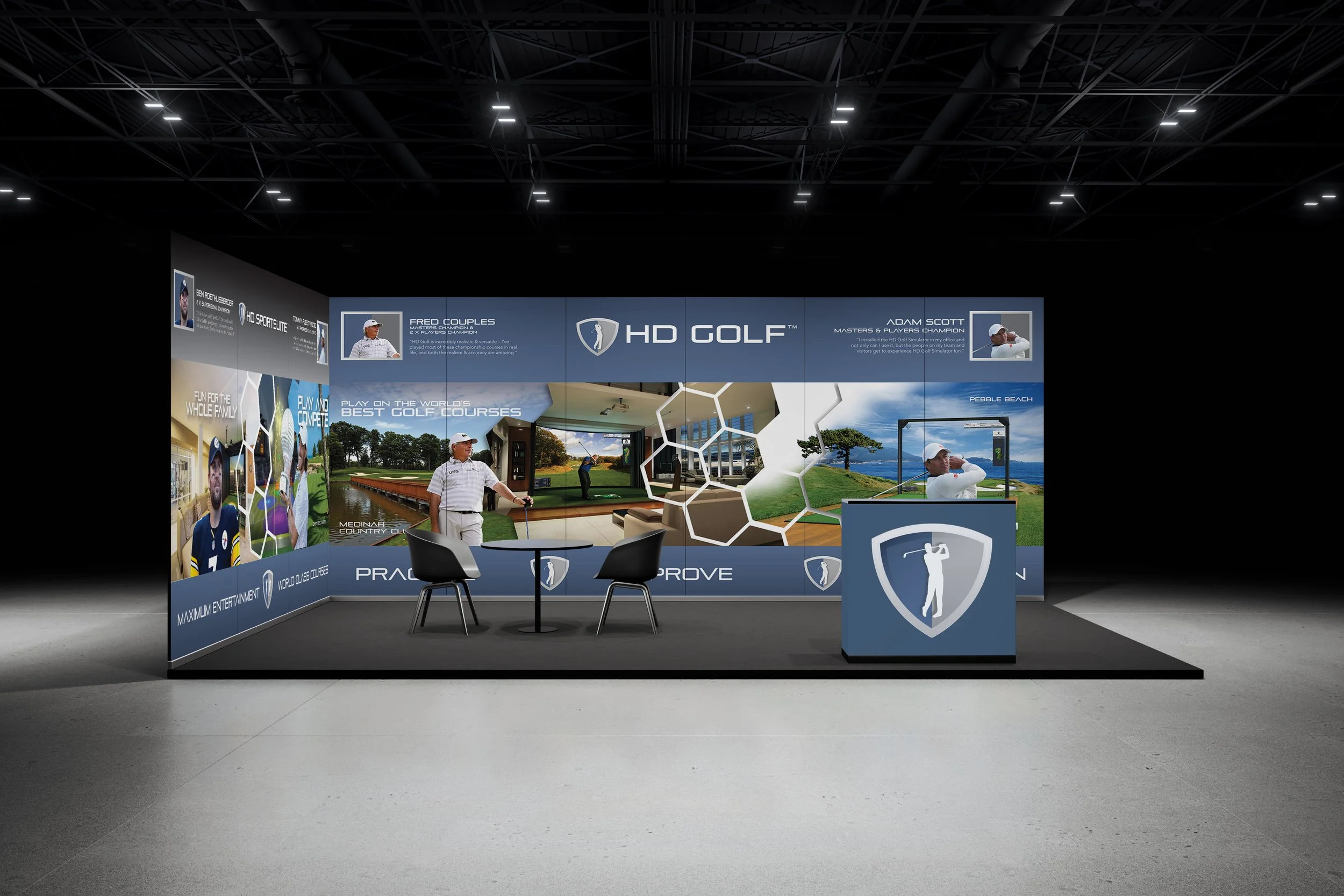 Exhibition booth with HD Golf branding, featuring images of golfers on a golf course, a golfer practicing swings, and promotional material for golf courses and simulators.