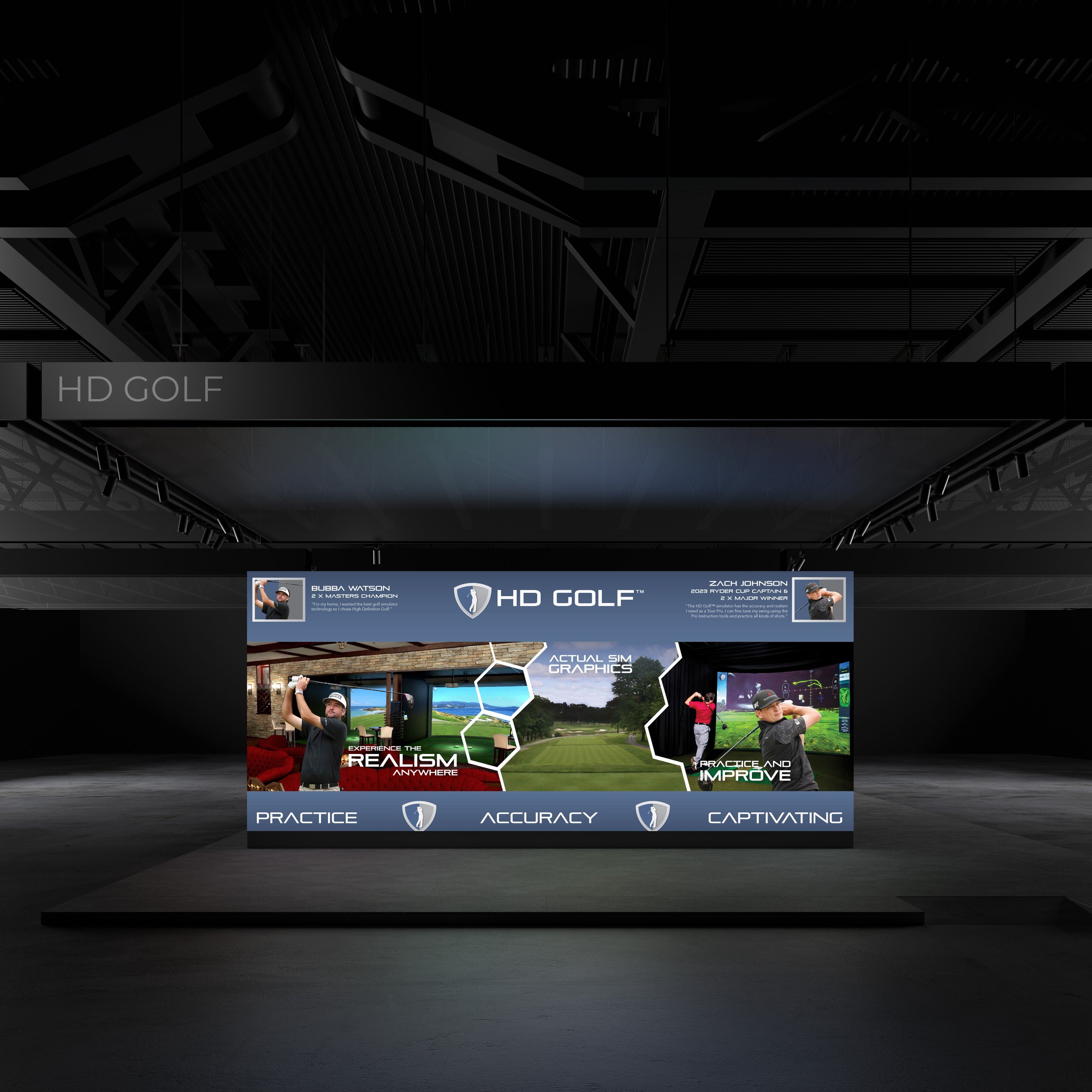 Golf simulation display with HD Golf branding, featuring images of golfers practicing, a golf course, and text promoting practice, accuracy, and captivating experience.