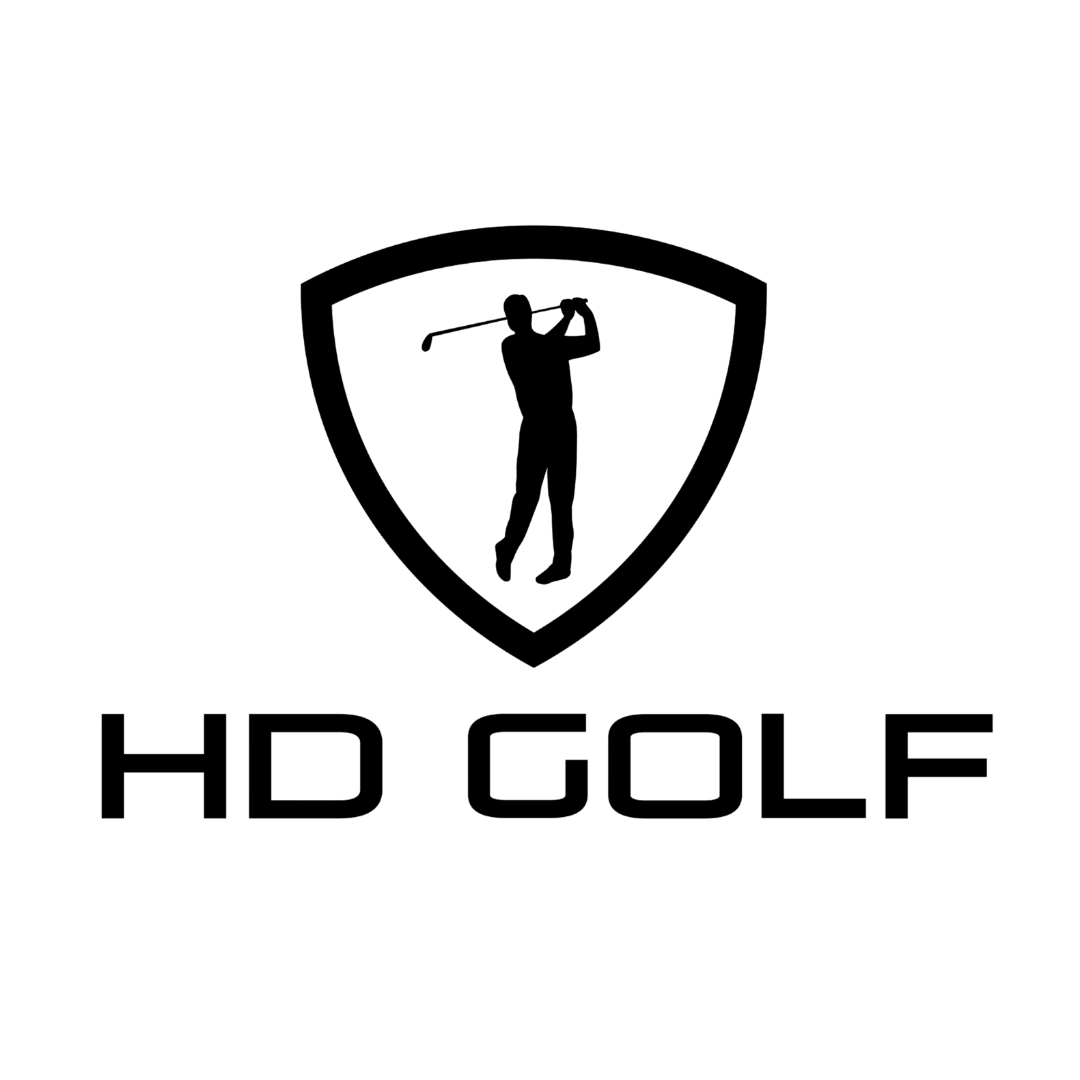 Logo of HD Golf featuring a silhouette of a person swinging a golf club within a shield shape.