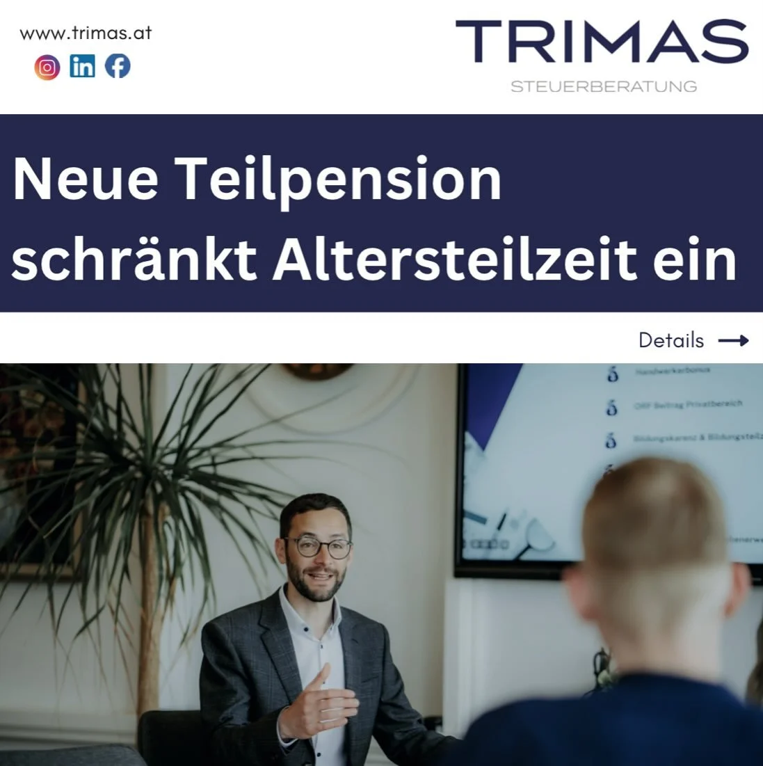 Neue Teilpension schr&auml;nkt Altersteilzeit ein! 👴🏼👵🏼

F&uuml;r weitere Infos und Ausk&uuml;nfte stehen wir gerne mit Rat und Tat zur Seite! 📊💻

#TRIMAS #teamTRIMAS #steuerberatung #bezirkweiz #kanzlei #altersteilzeit #teilpension
