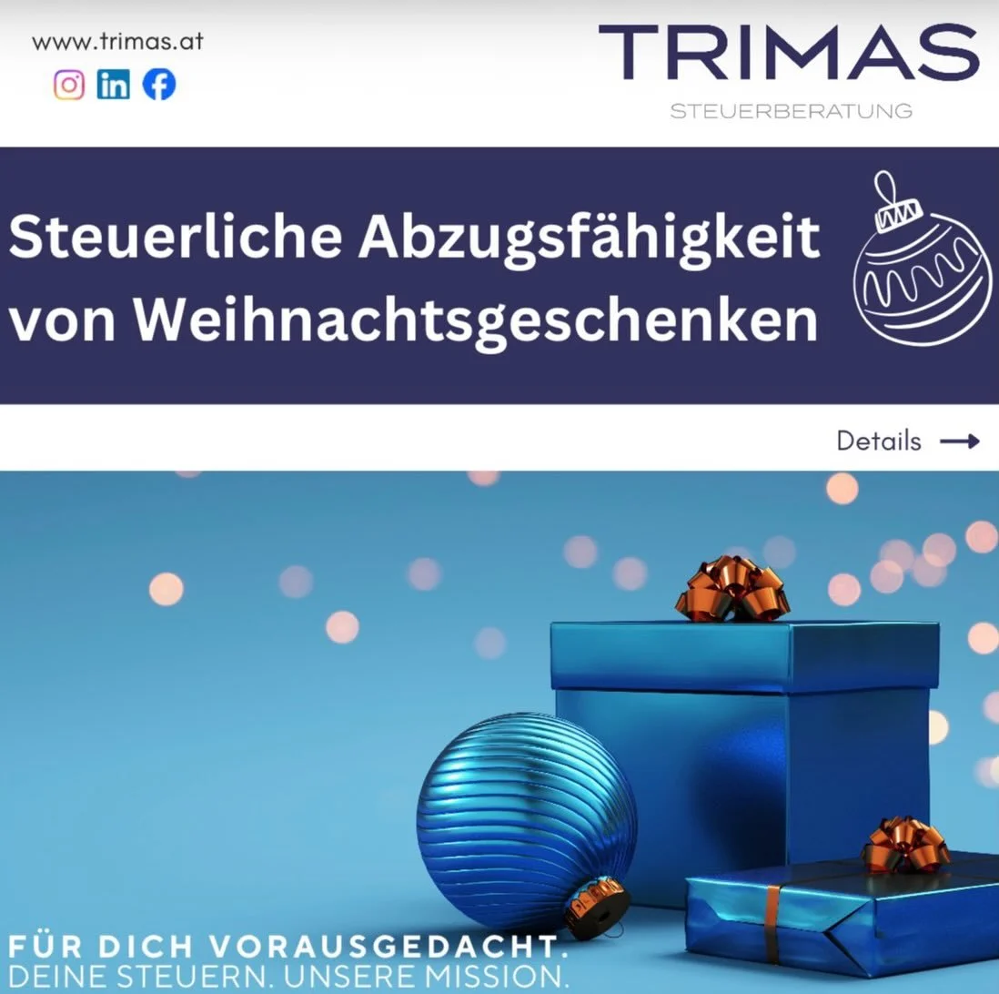 Steuerliche Abzugsf&auml;higkeit von Weihnachtsgeschenken 🎁🎄

F&uuml;r weitere Infos und Ausk&uuml;nfte stehen wir gerne mit Rat und Tat zur Seite! 📊💻

#TRIMAS #steuerberatung #bezirkweiz