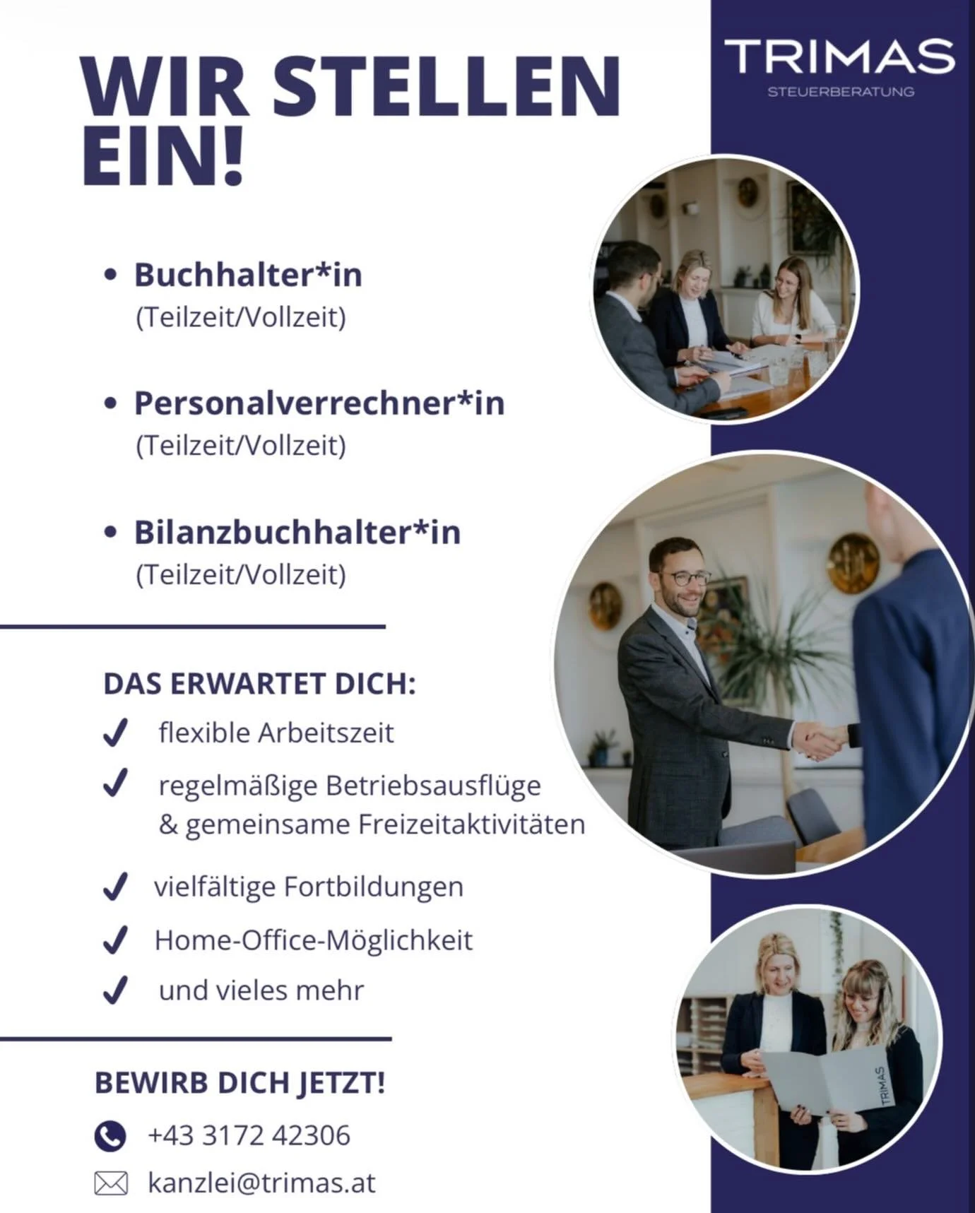 WIR STELLEN EIN! 🙌🏼 

- Buchhalter*in 
- Personalverrechner*in
- Bilanzbuchhalter*in 

Bewirb dich per E-Mail an kanzlei@trimas.at oder telefonisch unter +43 3172 42306 - wir freuen uns auf dich!☺️

#TRIMAS #offenestellen #hiring