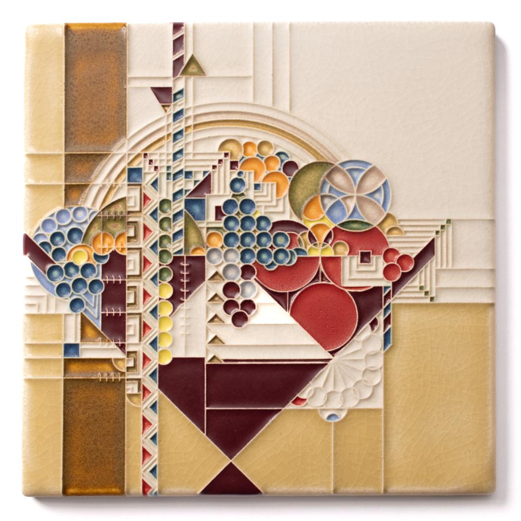 Abstract geometric artwork with circles, triangles, and squares in shades of red, blue, yellow, and beige.