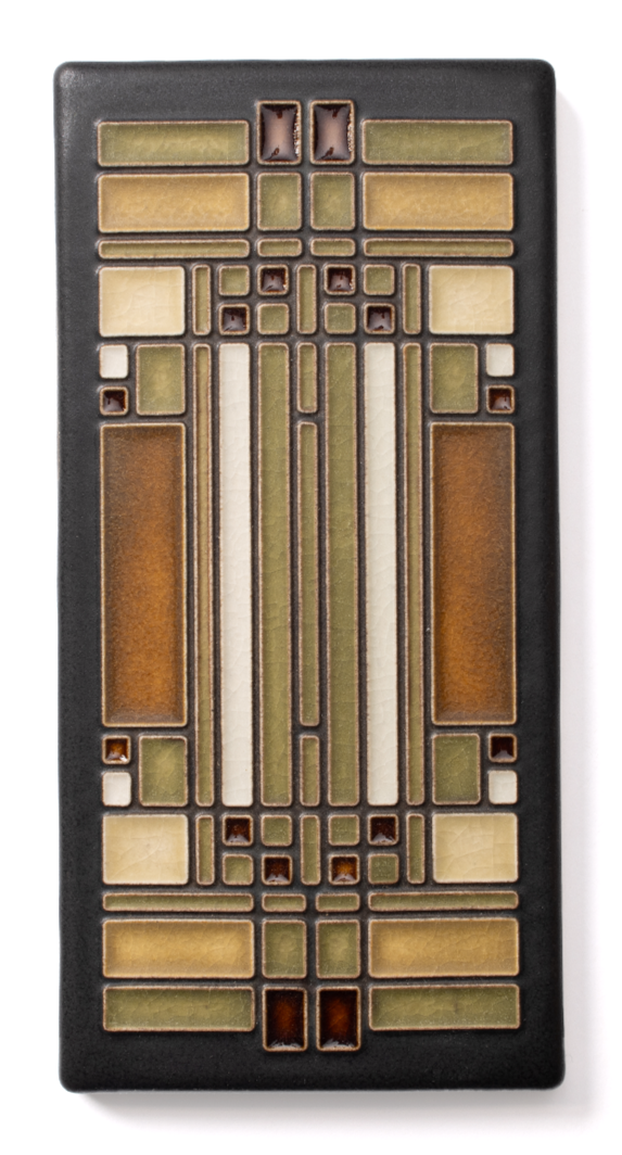 Decorative stained glass panel with geometric patterns and earthy tones, rectangular shape.