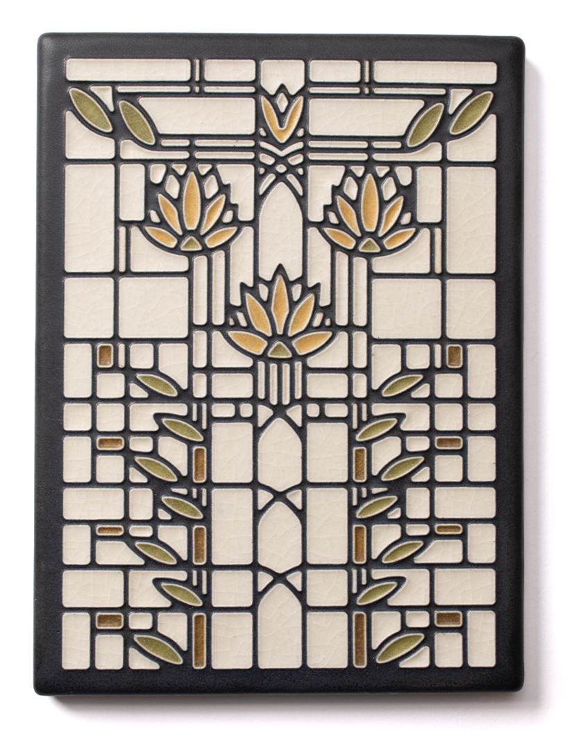 Decorative vintage magazine rack with intricate geometric floral design, black outline, and cream background with subtle crackle texture.