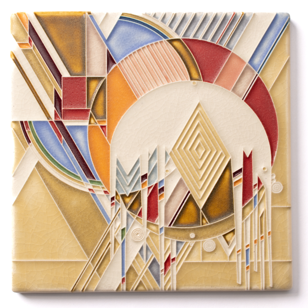 Abstract geometric artwork with multicolored shapes and lines, featuring triangles, squares, circles, and overlapping patterns in shades of gold, red, blue, and cream.