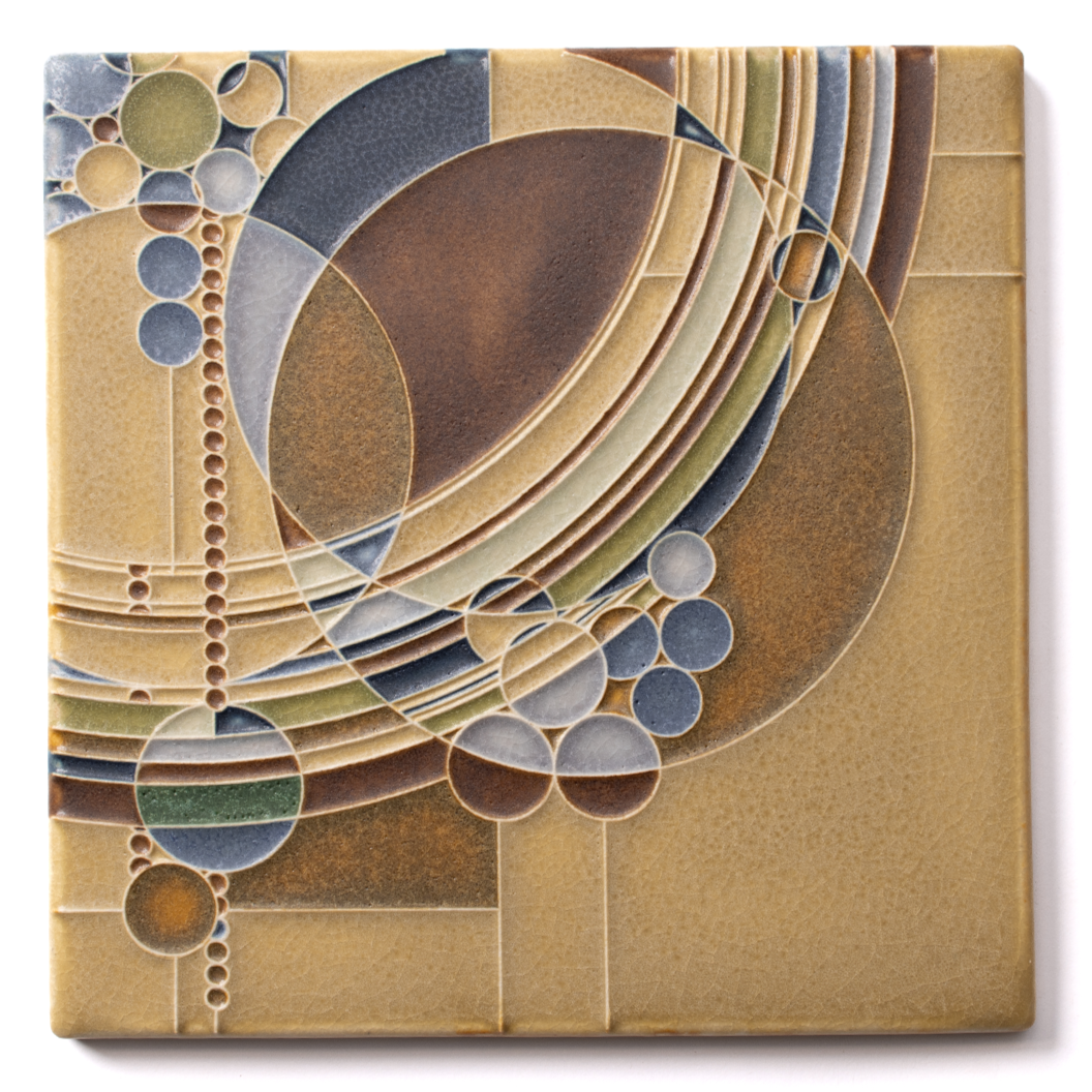 Abstract geometric artwork featuring circles, arcs, and lines in earthy tones of brown, beige, and gray.