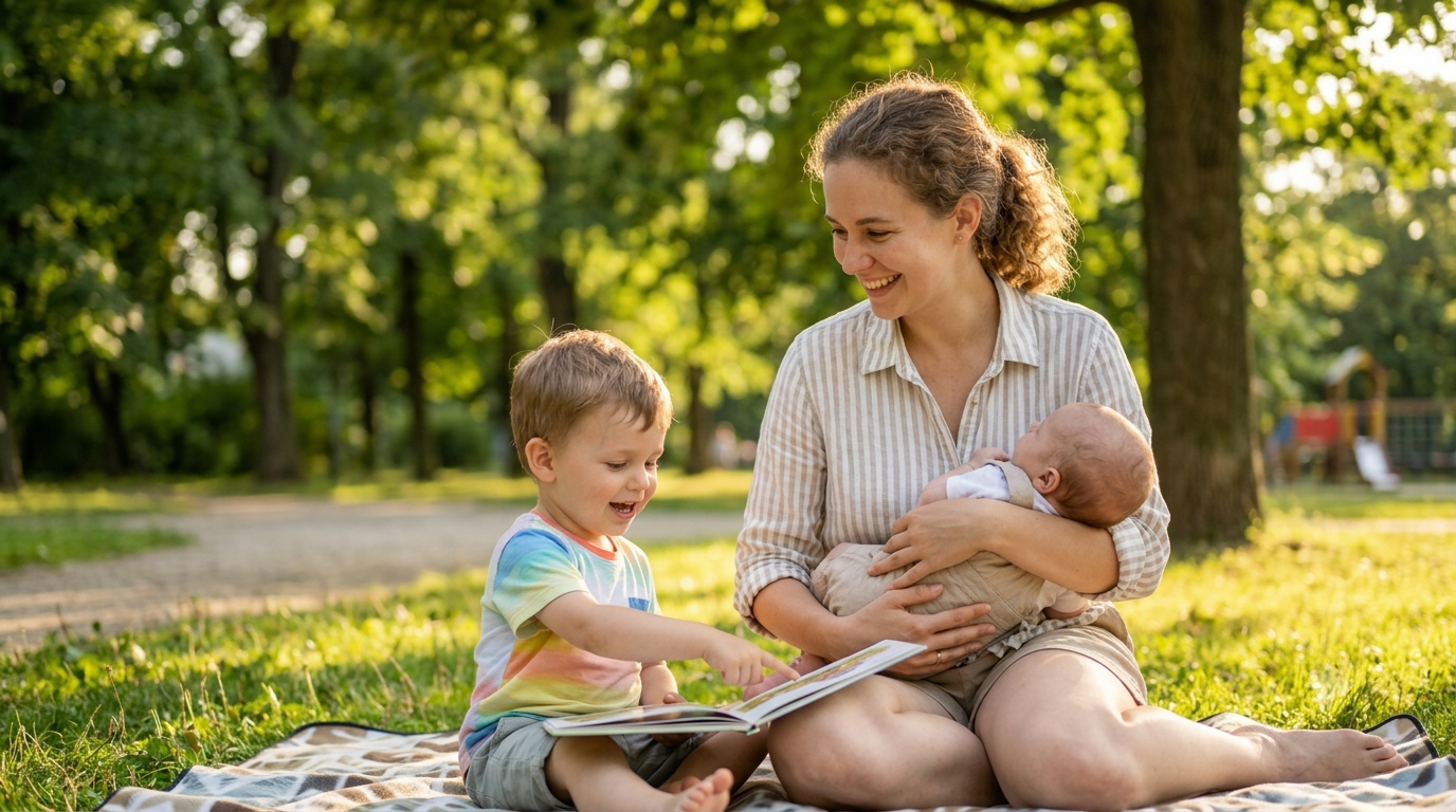 An experienced summer nanny holding a sleeping baby while reading a picture book with a cheerful young toddler on a blanket in a sunny park.