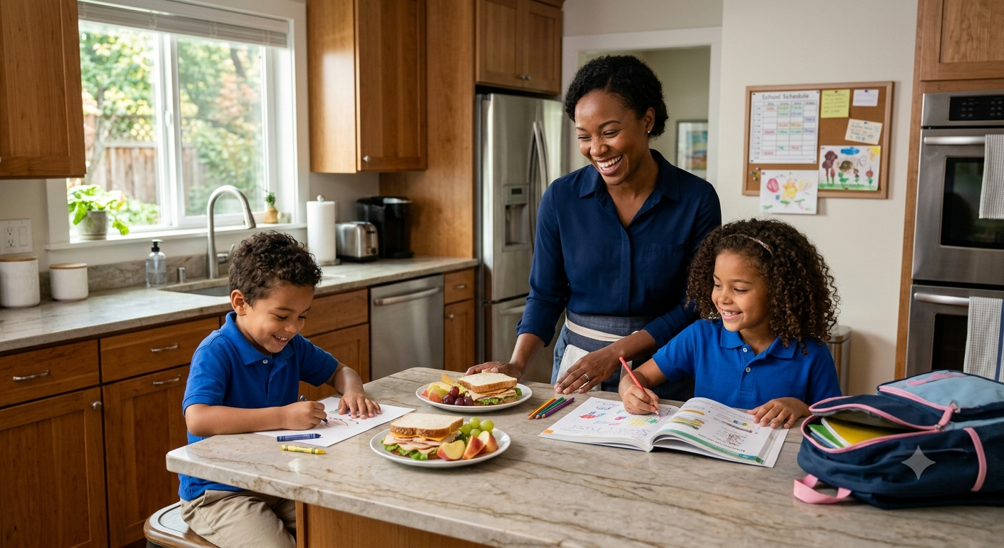 A professional family assistant helping children with school routines and meal preparation in a tidy kitchen.