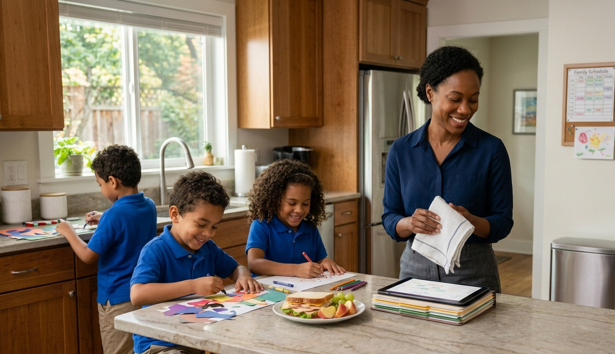 A busy professional family enjoying a well-organized home, representing the balance brought by professional household staffing.