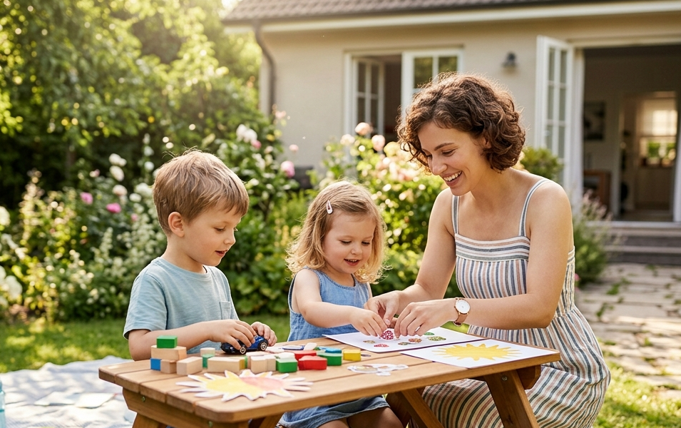 Summer nanny engaging two young children with creative craft activities at a wooden picnic table in a sunny backyard garden.