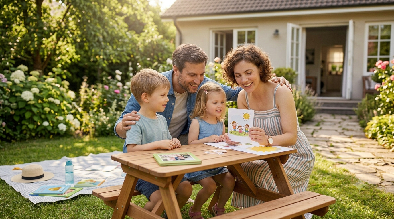 Parents and a new caregiver sitting with two young children at a wooden garden picnic table, looking at colorful drawings together to ensure a smooth transition.