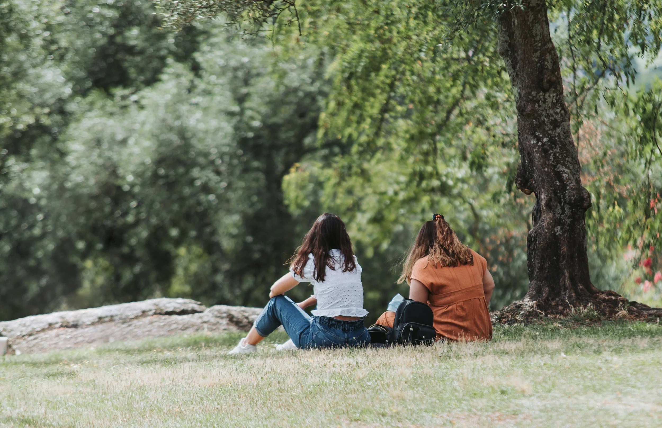 Picture of two women, facing away from the camera, sitting on a grassy area under the shade of a tree. One has long dark hair and is wearing a white shirt and jeans. The other has brown hair with a rust colored dress on, black bags are between them.