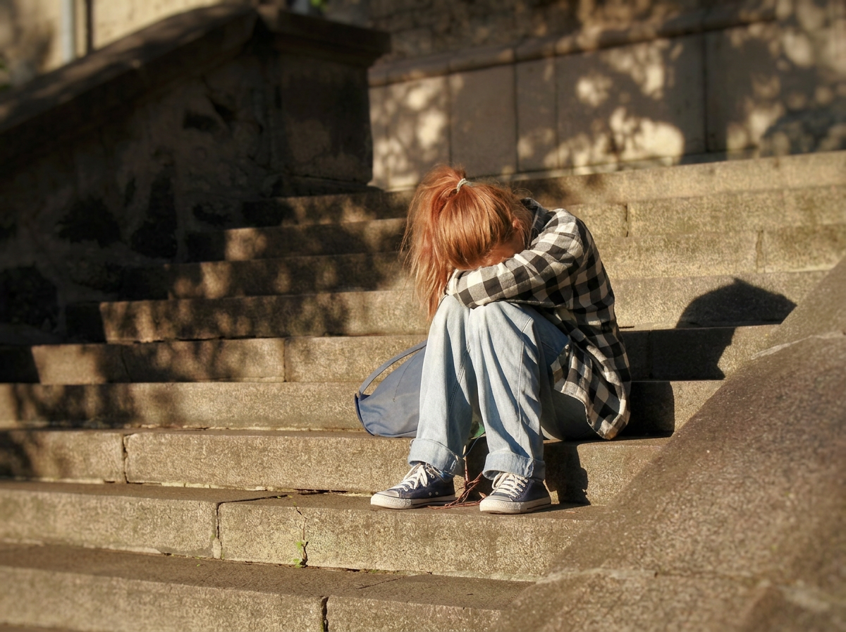 Picture of a woman with copper red hair, tied back in a pony tail, sitting on concrete stairs in the evening sun. She is wearing a white and black plaid shirt with light colored jeans and blue sneakers. She has her left arm on her knees, face down.