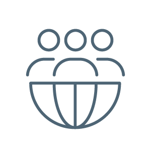 Icon of a globe with three people above it, symbolizing global community or teamwork.