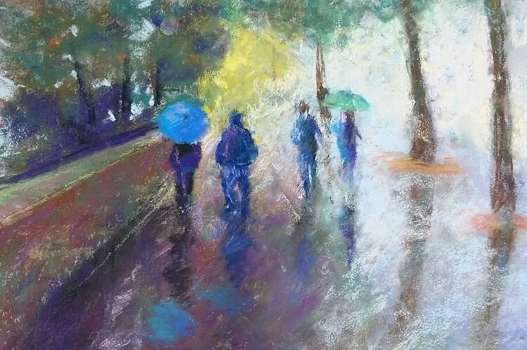 A Walk in the Rain. Pastel on Paper. 12x8
