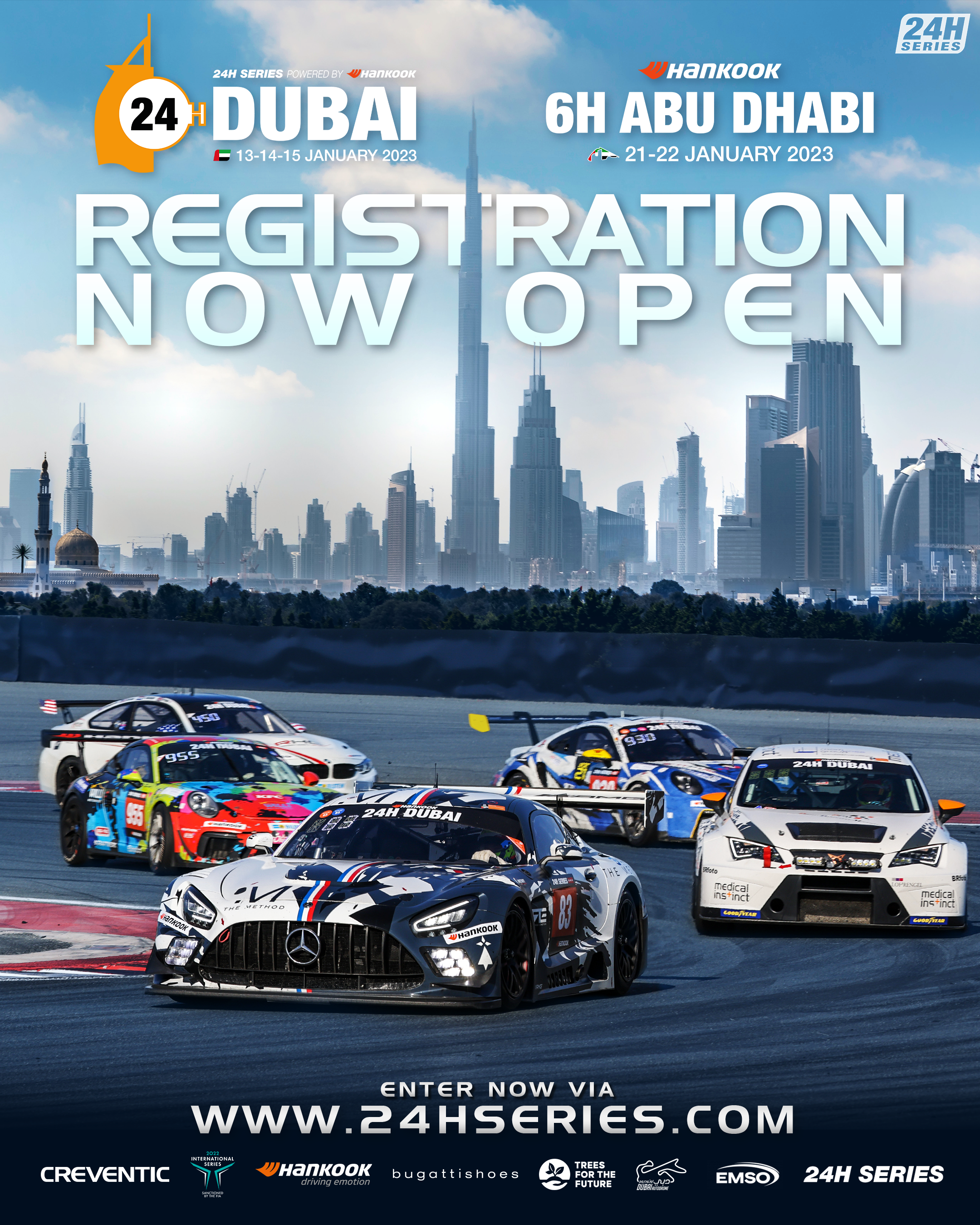 Registration Open poster for 24H Dubai and 6H Abu Dhabi