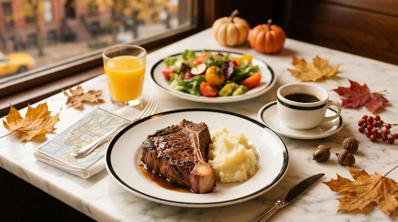 A table with a plate of grilled steak with mashed potatoes, a bowl of salad, a glass of orange juice, a cup of coffee, and autumn decorations including leaves, small pumpkins, and berries.