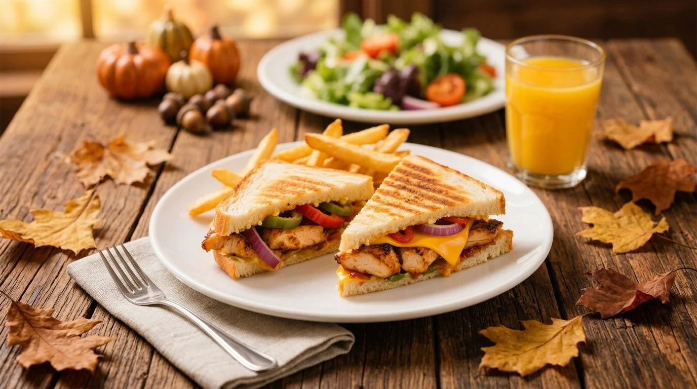 A plate with grilled chicken sandwich halves, French fries, and a glass of orange juice on a rustic wooden table with autumn leaves and a salad in the background.