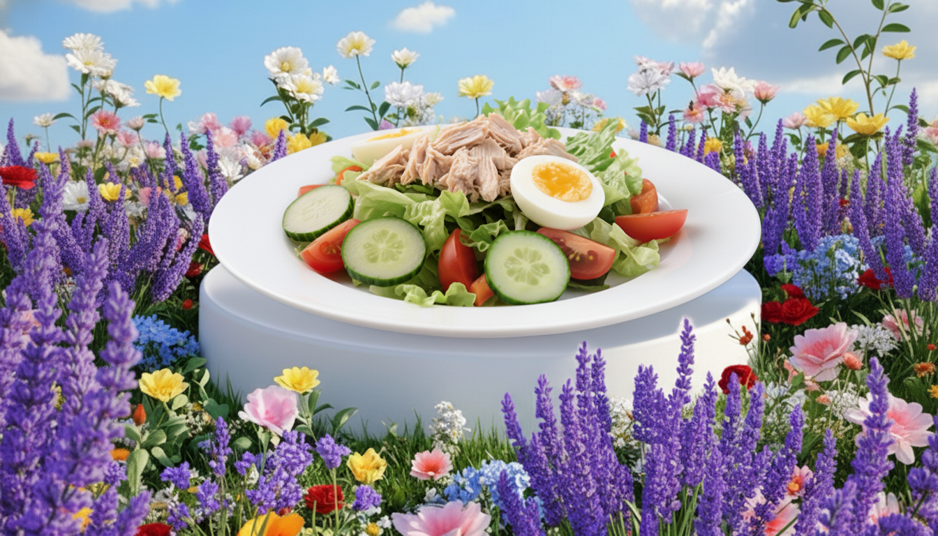 Fresh Niçoise Salad featuring tuna and hard-boiled eggs on a white plate, set amidst a vibrant wildflower field.
