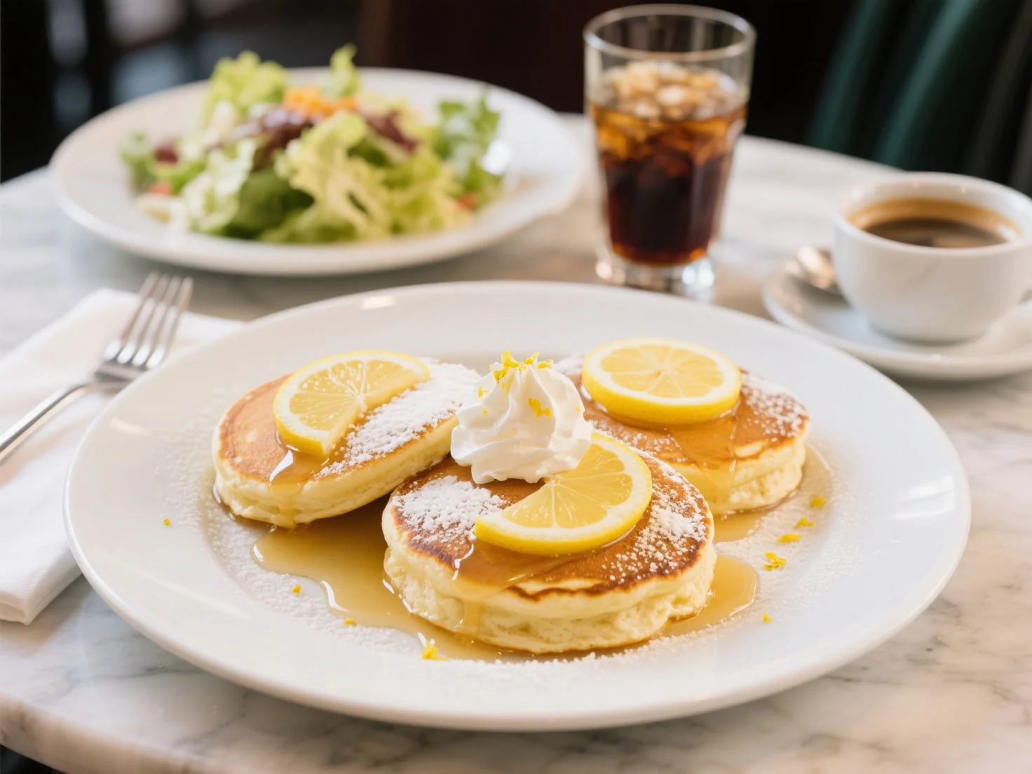 Three fluffy pancakes topped with lemon slices, powdered sugar, syrup, and whipped cream, served with a side salad and coffee.