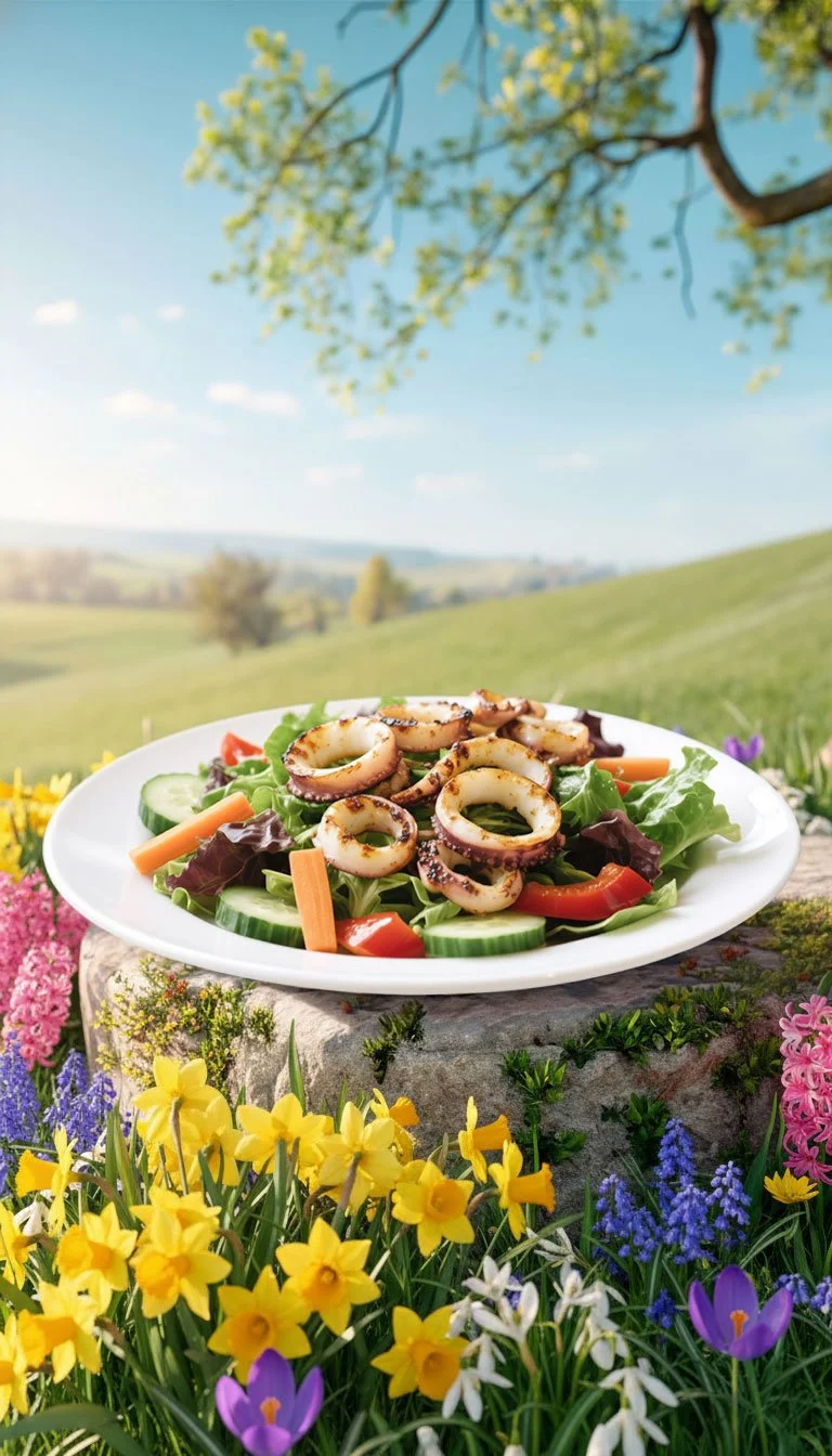 Vibrant Grilled Calamari Salad on a white plate, set outdoors on a rock among colorful spring flowers and rolling hills.
