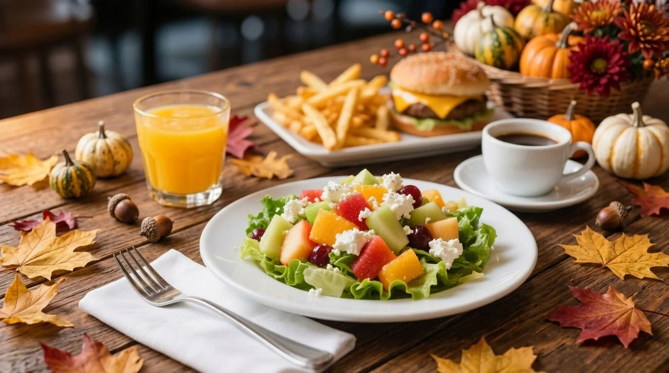 A plate of fruit salad with lettuce, melon, grapes, and feta cheese, a glass of orange juice, a cup of black coffee, a burger with fries on a white plate, and a basket of pumpkins and autumn leaves on a wooden table.