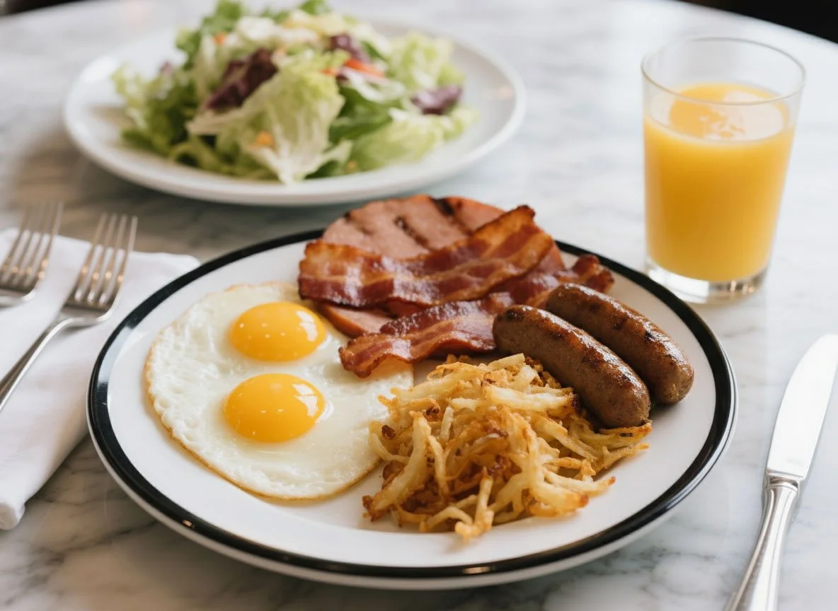 A full breakfast plate features two sunny-side-up eggs, crispy bacon, grilled ham, and two sausage links, along with a serving of hash browns. In the background, there's a glass of orange juice and a salad.